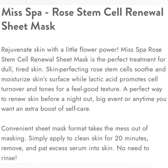 🤩 5 FOR $15 NIP Miss Spa Rose Stem Cell Renewal Sheet Mask - Picture 3 of 6